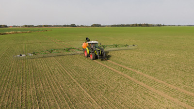 Aerial view of plant protection trial blocks in a crop field