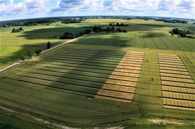 Aerial view of LAAPC experimental crop trial plots across agricultural fields in Latvia